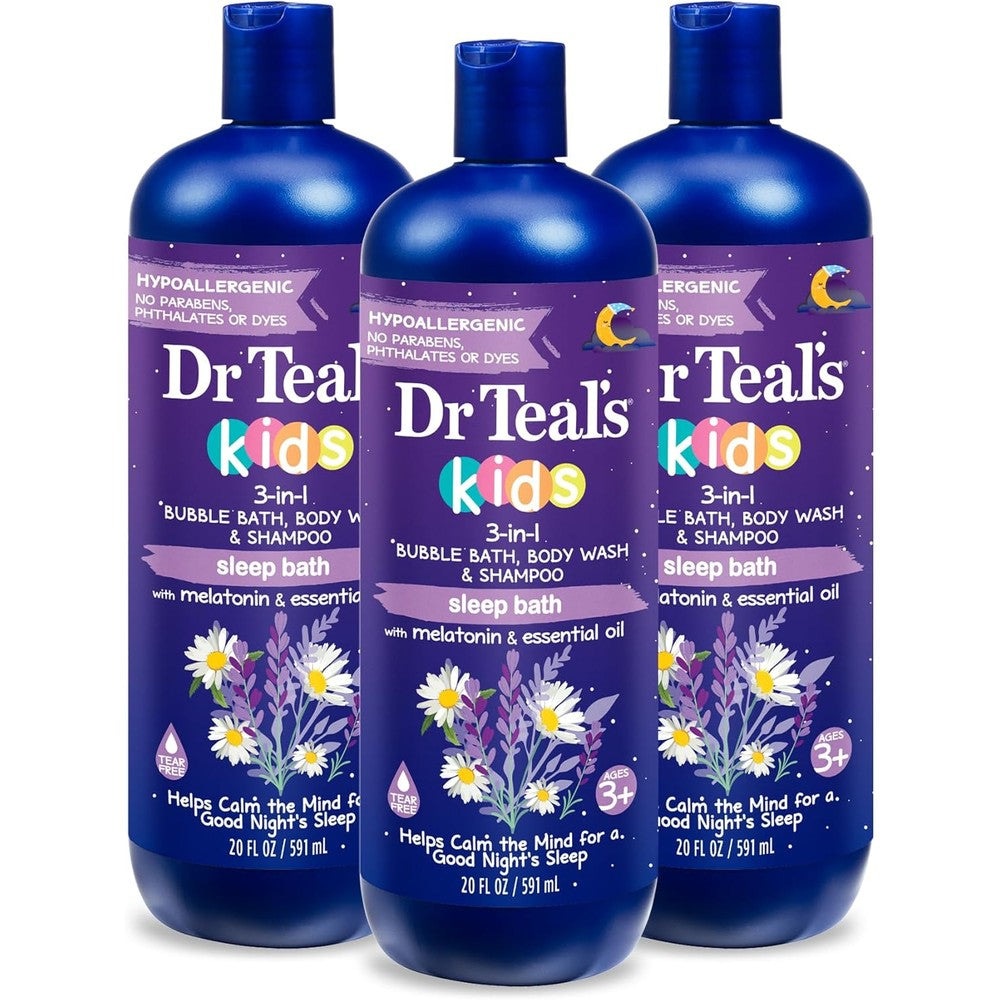 Dr Teal's Kids 3-in-1 Sleep Bath triple pack front view for nighttime relaxation