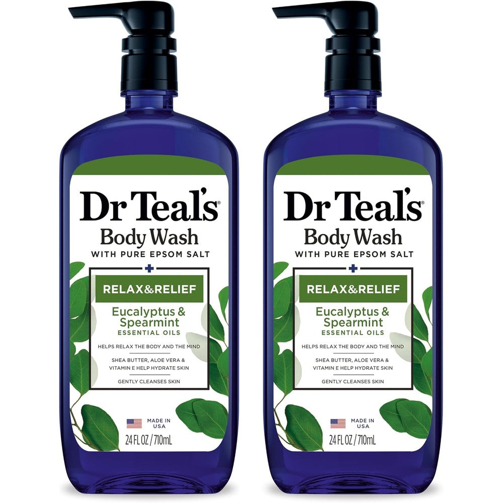 Dr Teal's Relax and Relief Body Wash front view showing eucalyptus and spearmint packaging
