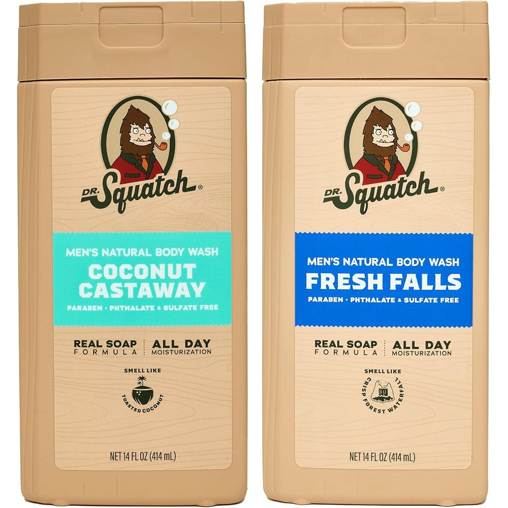 Dr. Squatch Natural Men's Body Wash 2-pack front view showcasing Fresh Falls and Coconut Castaway bottles.