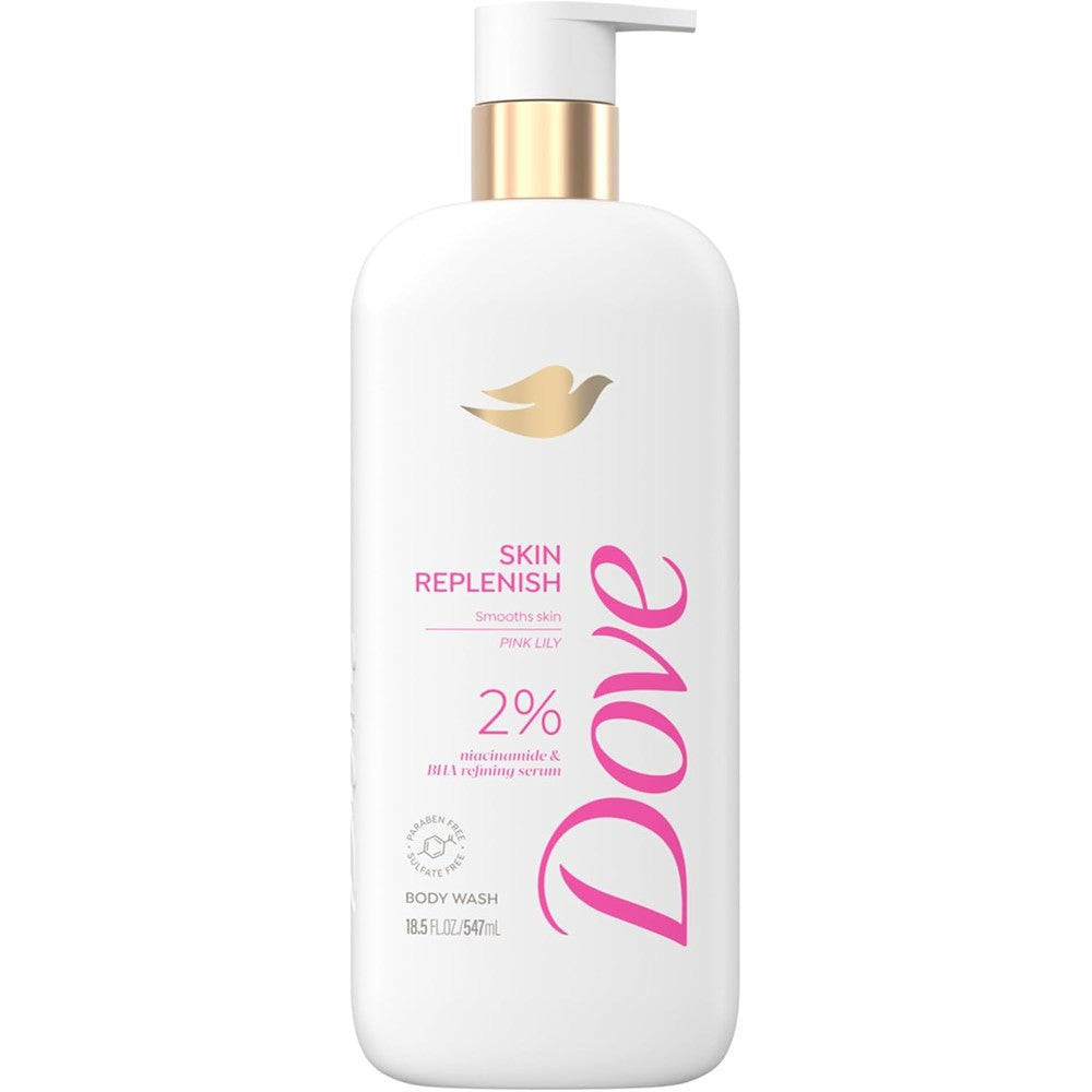 Dove Serum Body Wash Skin Replenish front view 18.5 fluid ounce bottle