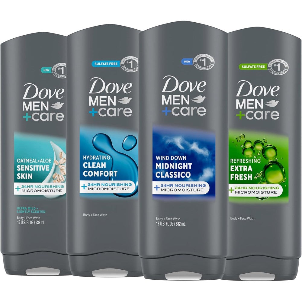 Dove Men Plus Care body wash mixed 4 count bottles front view