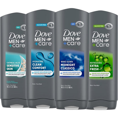 Dove Men Plus Care body wash mixed 4 count bottles front view