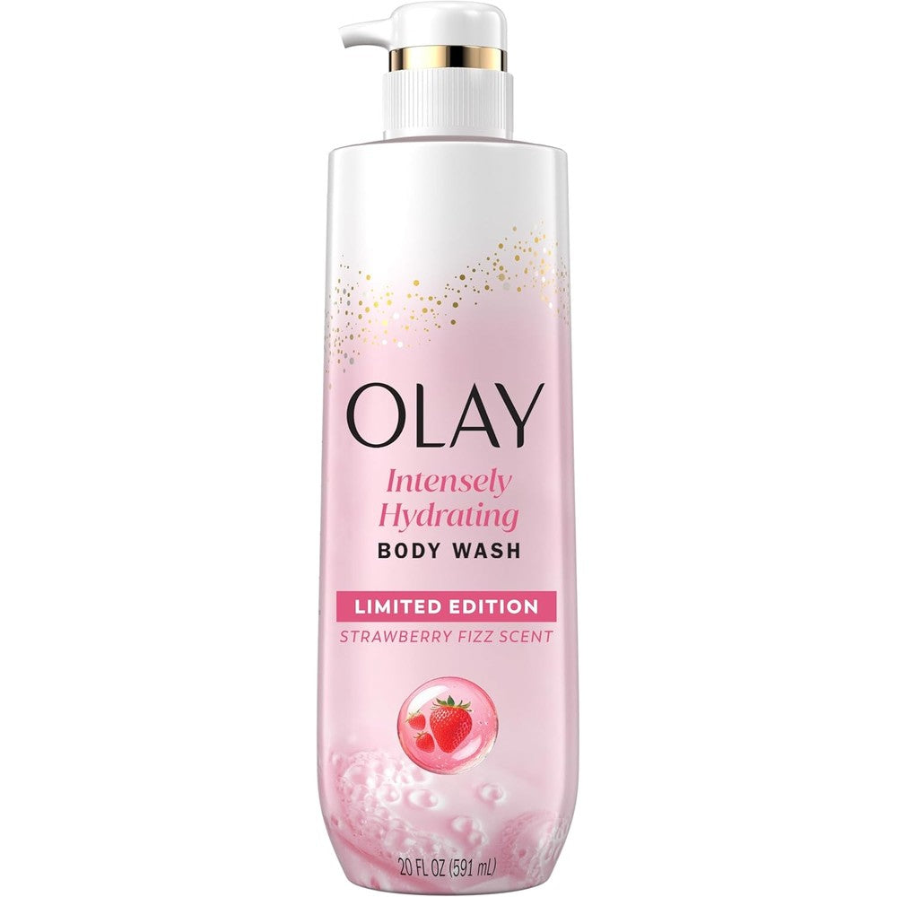 Olay Intensely Hydrating Body Wash front view showing Strawberry Summer Fizz label