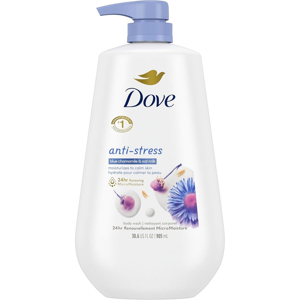 Dove Anti Stress Body Wash front view of thirty point six ounce bottle with pump