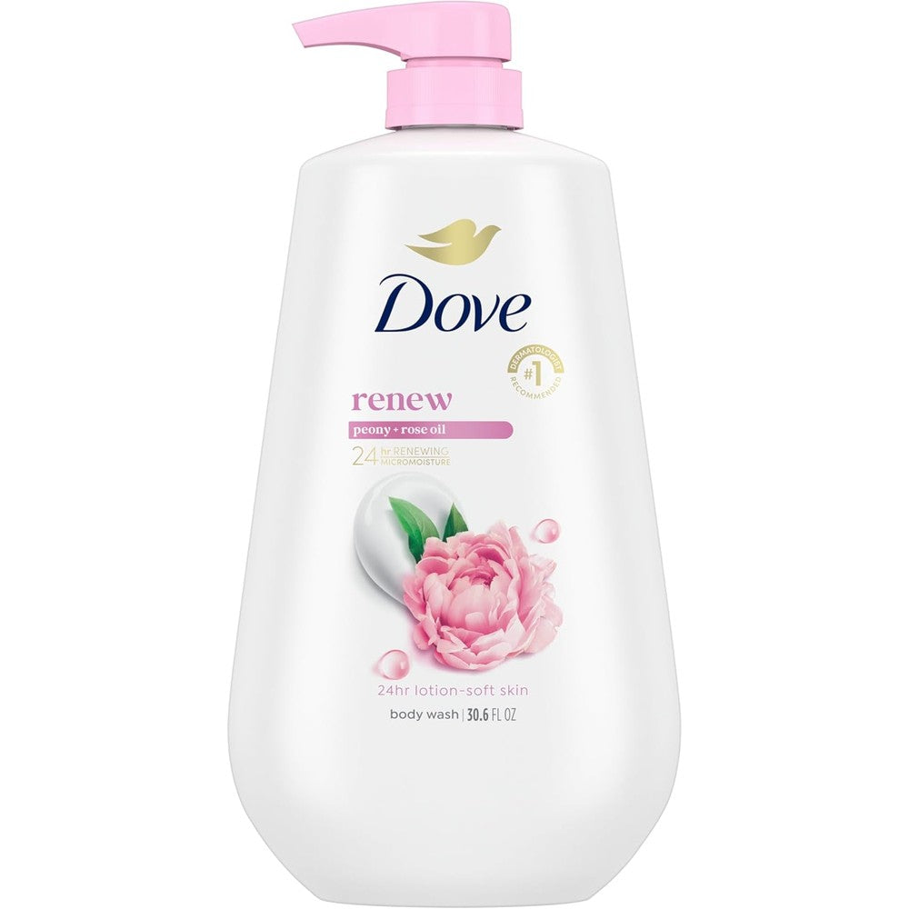 Dove Renewing Peony and Rose Oil Body Wash front view of the thirty point six ounce bottle showcasing the pink pump dispenser.
