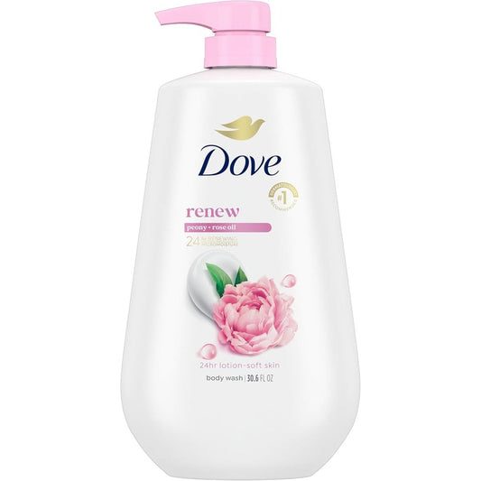 Dove Renewing Peony and Rose Oil Body Wash front view of the thirty point six ounce bottle showcasing the pink pump dispenser.