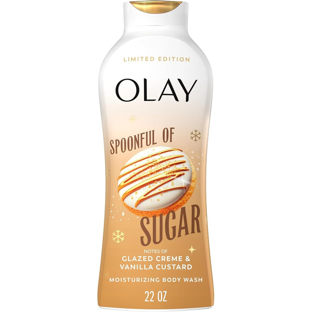 Olay Spoonful of Sugar body wash front view showing limited edition holiday packaging