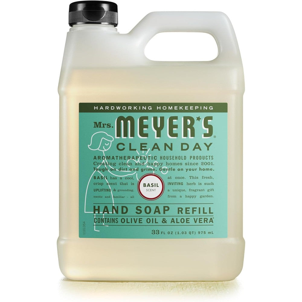 Mrs. Meyer's Clean Day Basil Hand Soap Refill front view of thirty-three fluid ounce jug