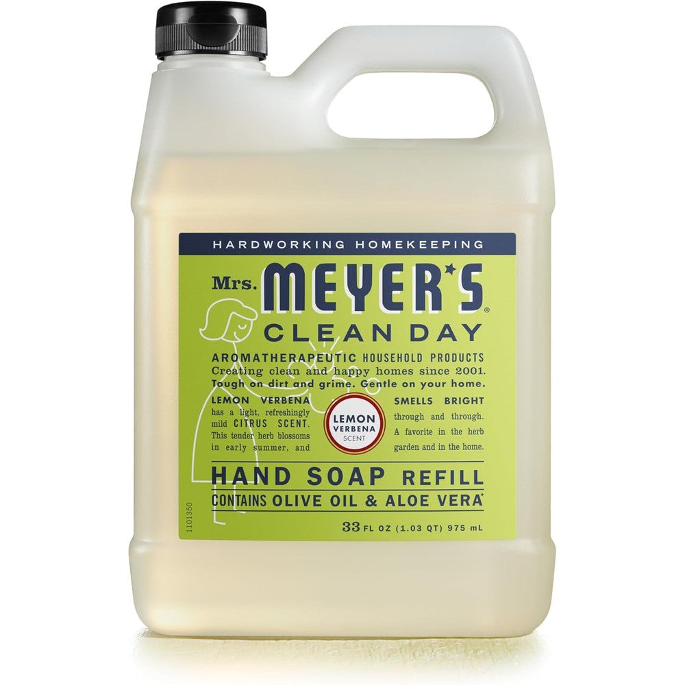 Mrs. Meyer's Clean Day Liquid Hand Soap Refill Lemon Verbena thirty-three fluid ounce front view bottle for kitchen and bathroom use.