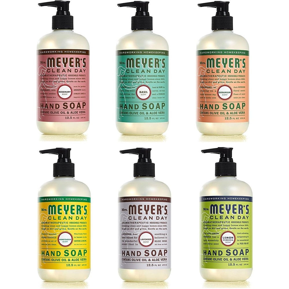 Mrs. Meyer's Clean Day liquid hand soap variety pack front view showing six bottles