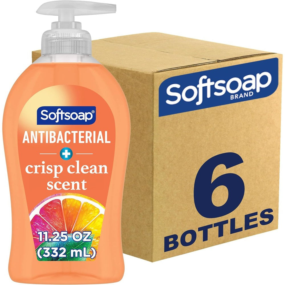 Softsoap Antibacterial Liquid Hand Soap Crisp Clean 6 pack front view showcasing orange formula packaging