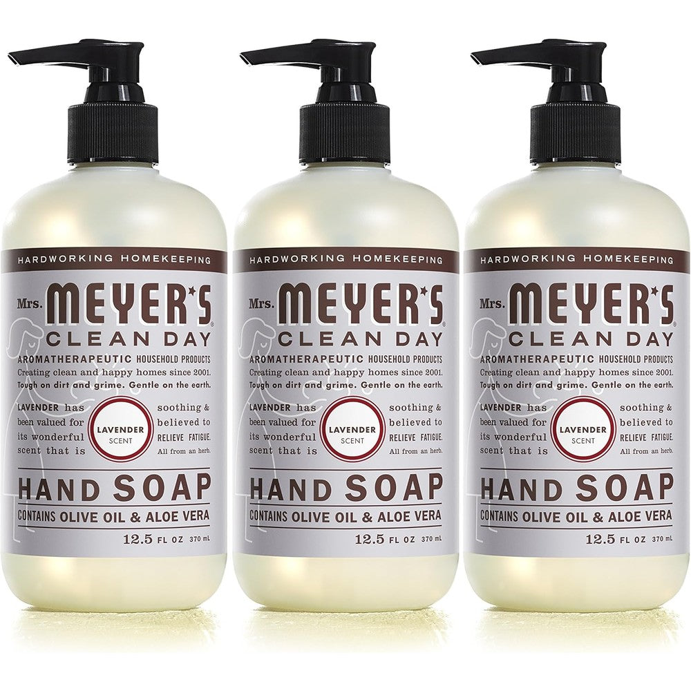 Mrs. Meyer's Clean Day Lavender Liquid Hand Soap three pack front view showcasing the packaging.