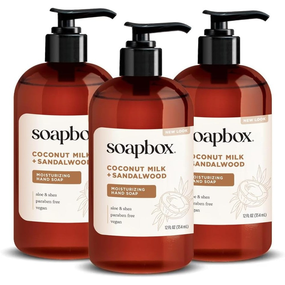 Soapbox Liquid Hand Soap Coconut Milk and Sandalwood front view of three pump bottles.