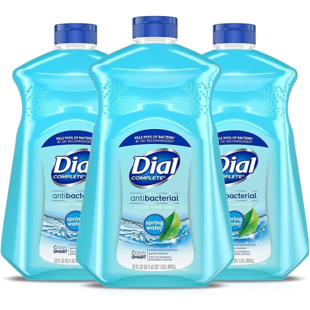 Dial Antibacterial Defense Liquid Hand Soap front view of three refill bottles showcasing the spring water variant.