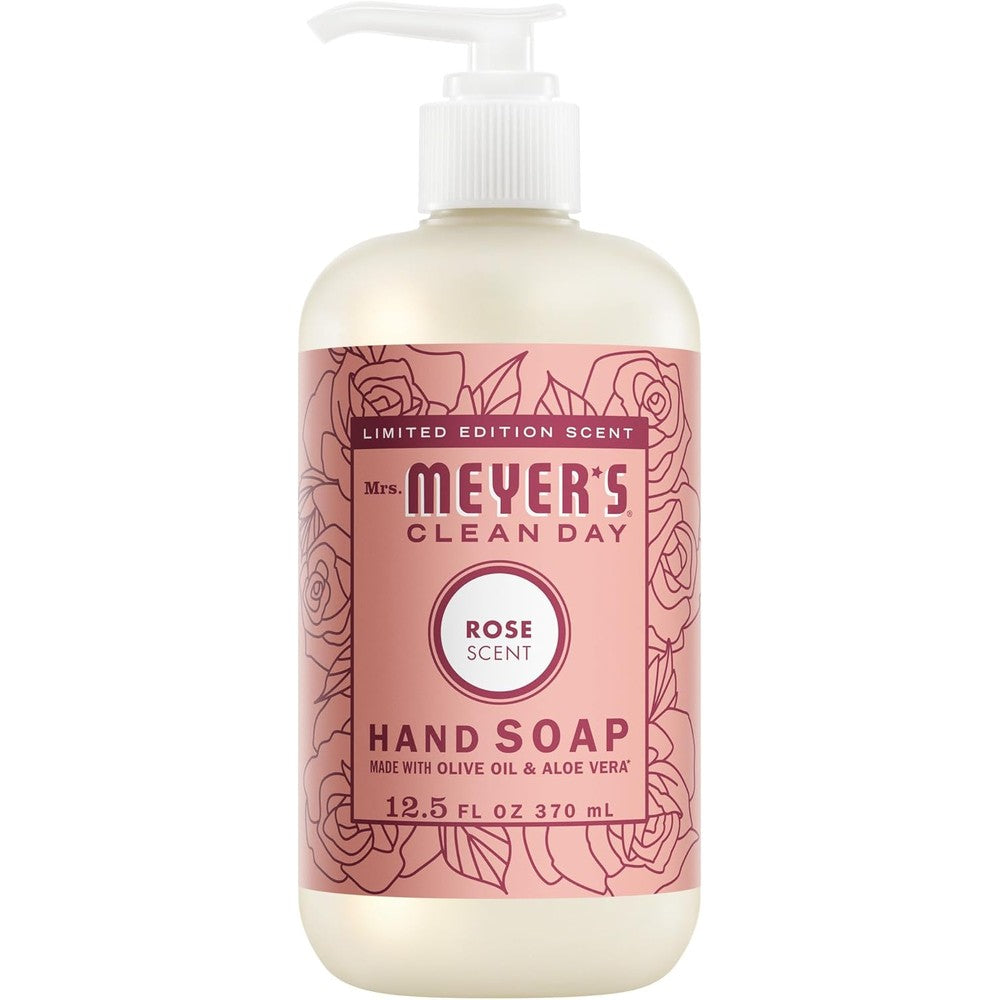 Mrs. Meyer's Clean Day Liquid Hand Soap Rose front view of the 12.5 fluid ounce pump bottle