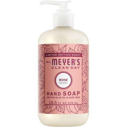 Mrs. Meyer's Clean Day Liquid Hand Soap Rose front view of the 12.5 fluid ounce pump bottle