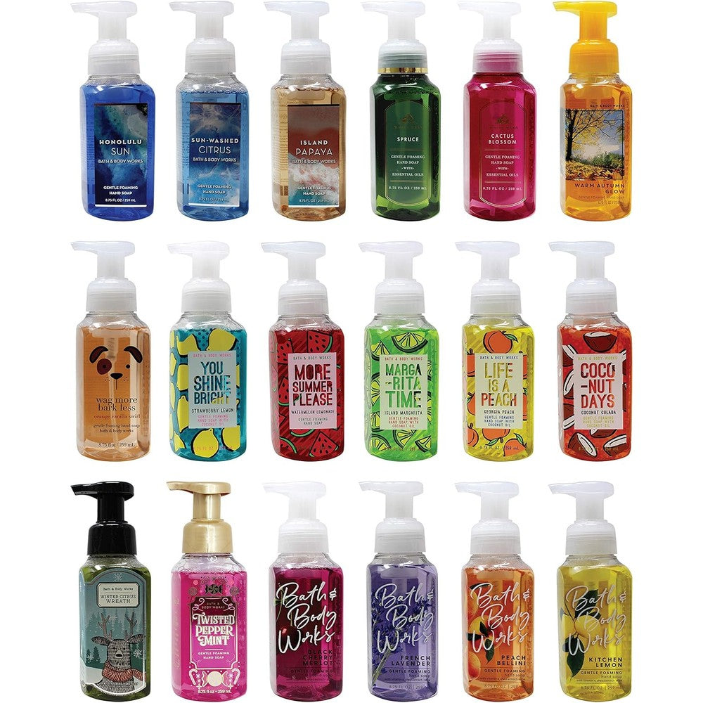 Bath And Body Works Assorted Five Pack Gentle Foaming Hand Soap front view showcasing assorted premium liquid soap bottles.