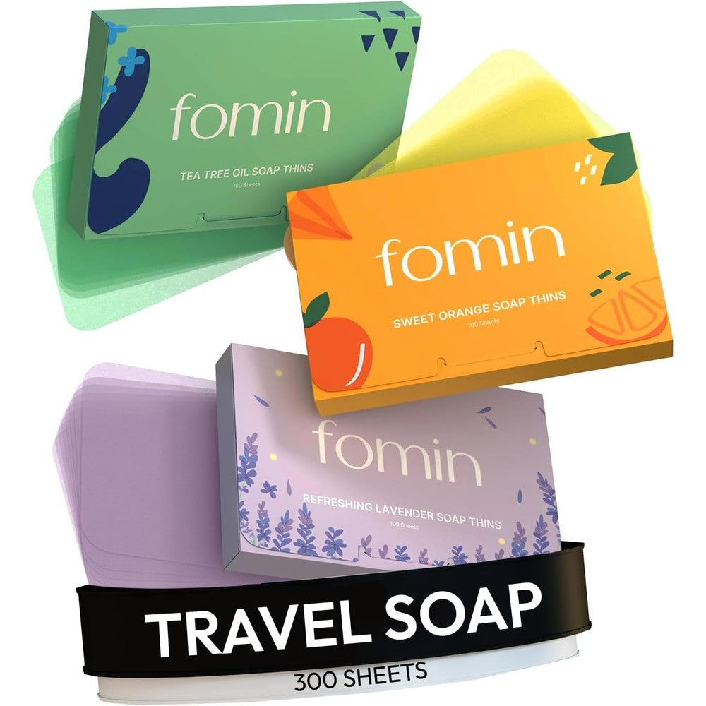 FOMIN Antibacterial Paper Soap Sheets front packaging view showing variety pack tins.
