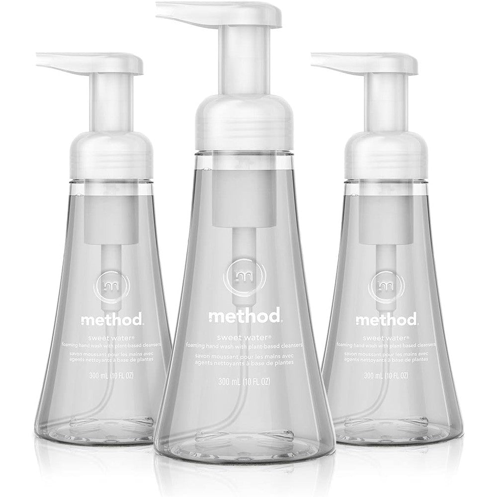 Method Foaming Hand Soap Sweet Water front view of clear three pack bottles