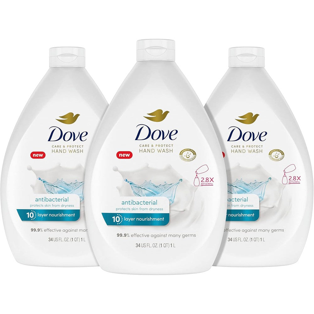 Dove Care and Protect Antibacterial Hand Wash front view three bottle pack