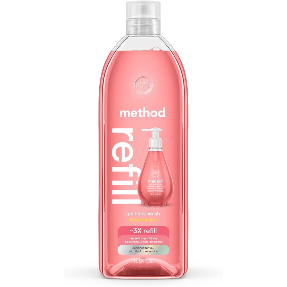Method Gel Hand Soap Refill Pink Grapefruit front view showing the clear bottle filled with pink liquid gel soap