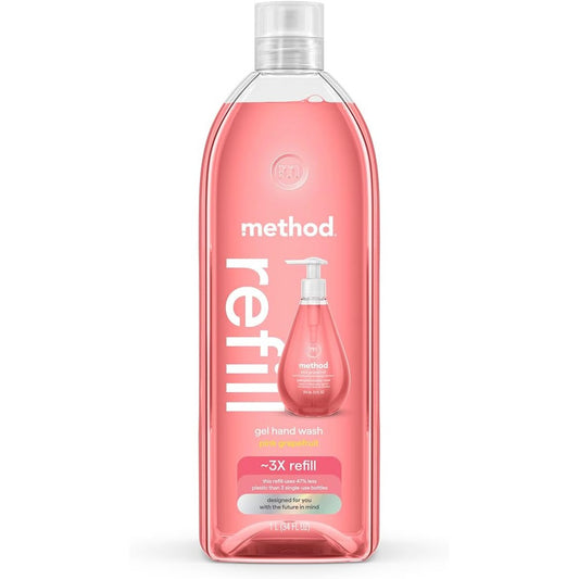 Method Gel Hand Soap Refill Pink Grapefruit front view showing the clear bottle filled with pink liquid gel soap