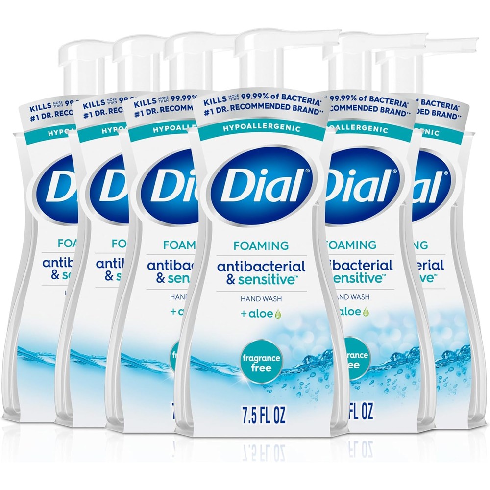 Dial Antibacterial Defense Foaming Hand Soap With Aloe, Fragrance Free, 7.5 Fluid Ounces, Pack Of 6, Dermatologist Tested Gentle Hand Wash - Image 1