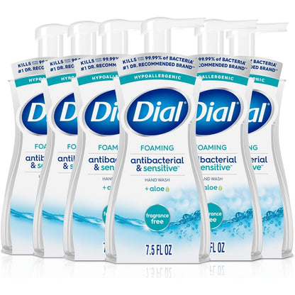 Dial Antibacterial Defense Foaming Hand Soap With Aloe, Fragrance Free, 7.5 Fluid Ounces, Pack Of 6, Dermatologist Tested Gentle Hand Wash - Image 1