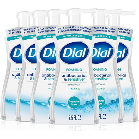 Dial Antibacterial Defense Foaming Hand Soap With Aloe, Fragrance Free, 7.5 Fluid Ounces, Pack Of 6, Dermatologist Tested Gentle Hand Wash - Image 1