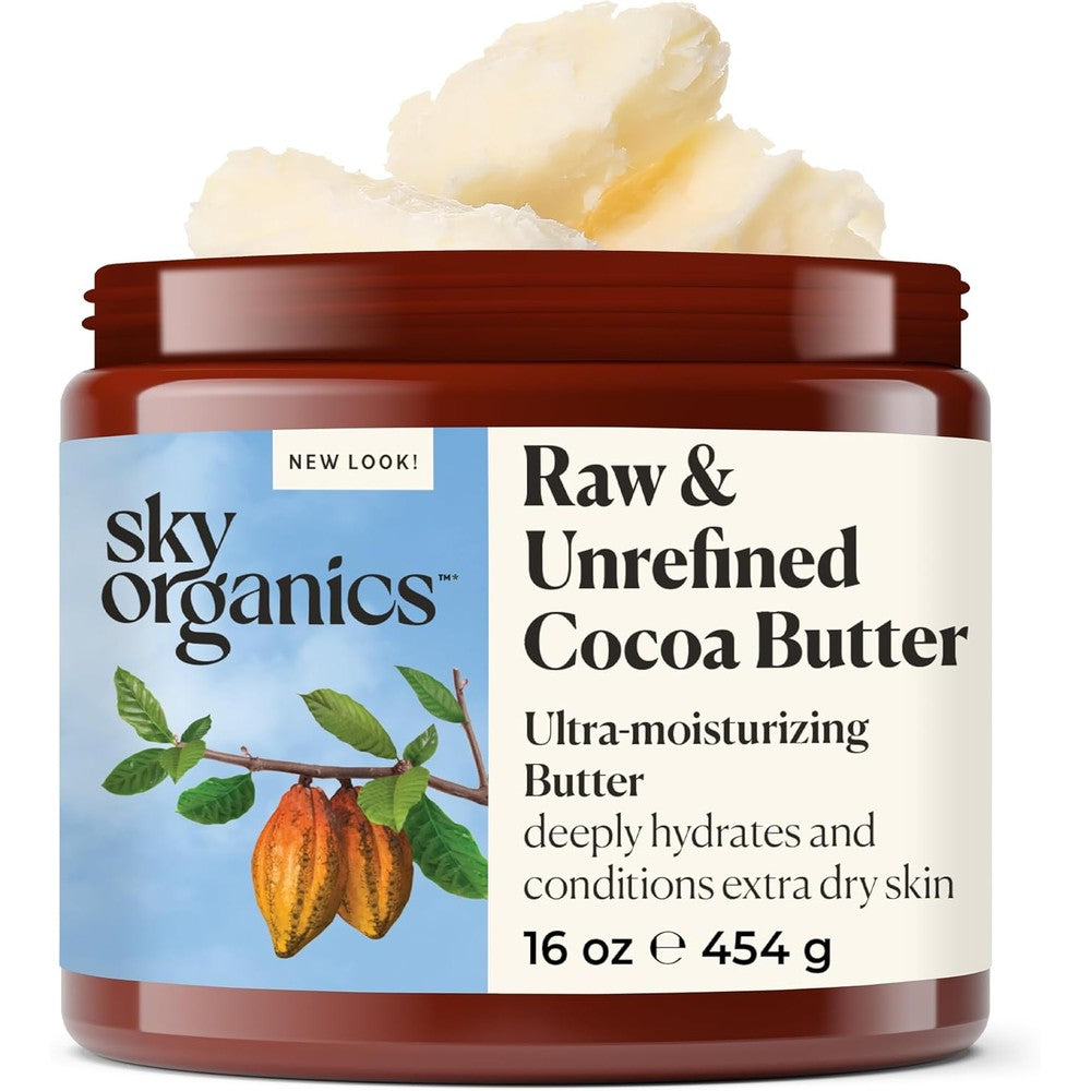 Sky Organics Raw Unrefined Cocoa Butter 16 Ounces jar front view
