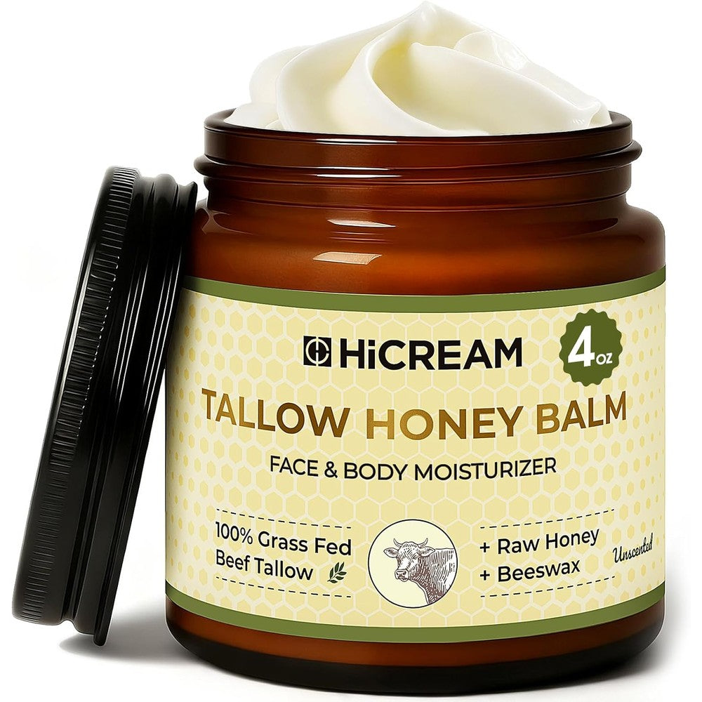 Hicream beef tallow honey balm jar front view for dry skin