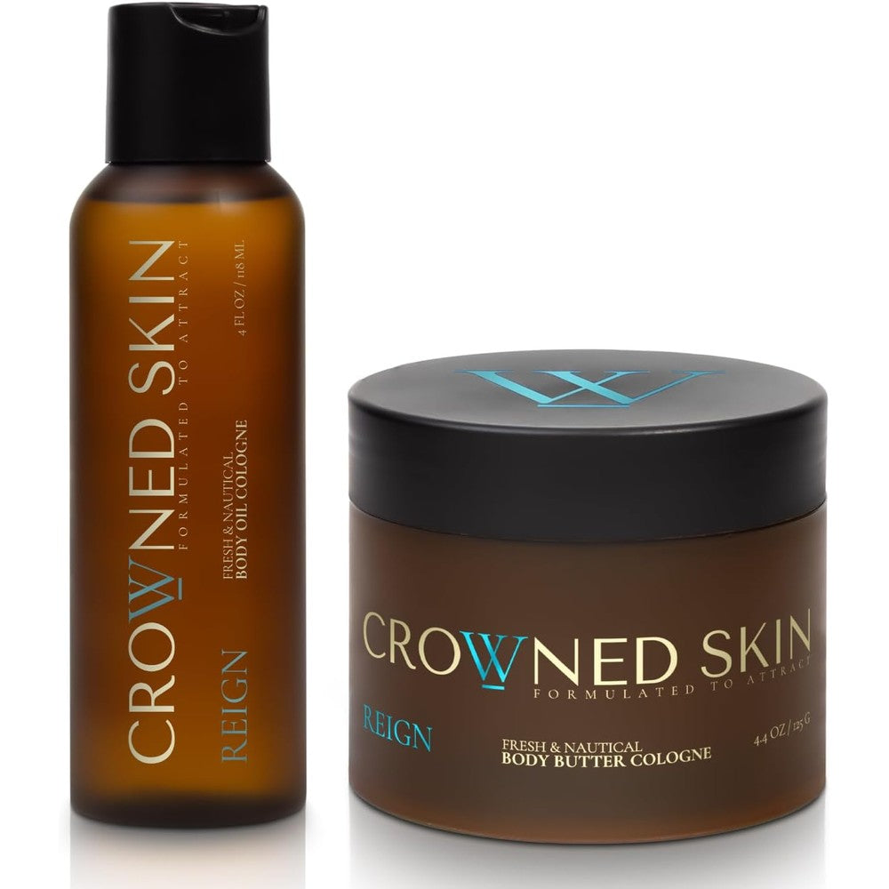 Crowned Skin Reign Body Butter and Body Oil Cologne bundle set front view