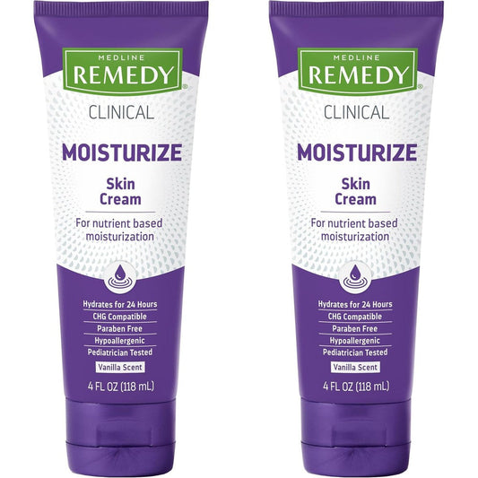 Medline Remedy Clinical Nourishing Skin Cream front view of two tubes showing branding and key benefits.