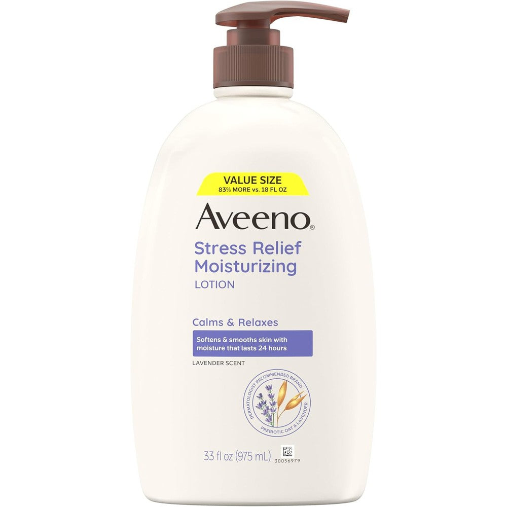 Aveeno Stress Relief Moisturizing Body Lotion front view showing lavender variant pump bottle packaging.