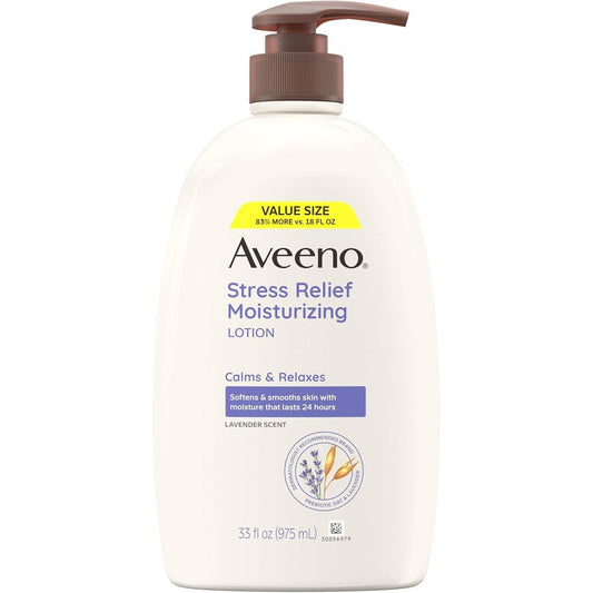 Aveeno Stress Relief Moisturizing Body Lotion front view showing lavender variant pump bottle packaging.