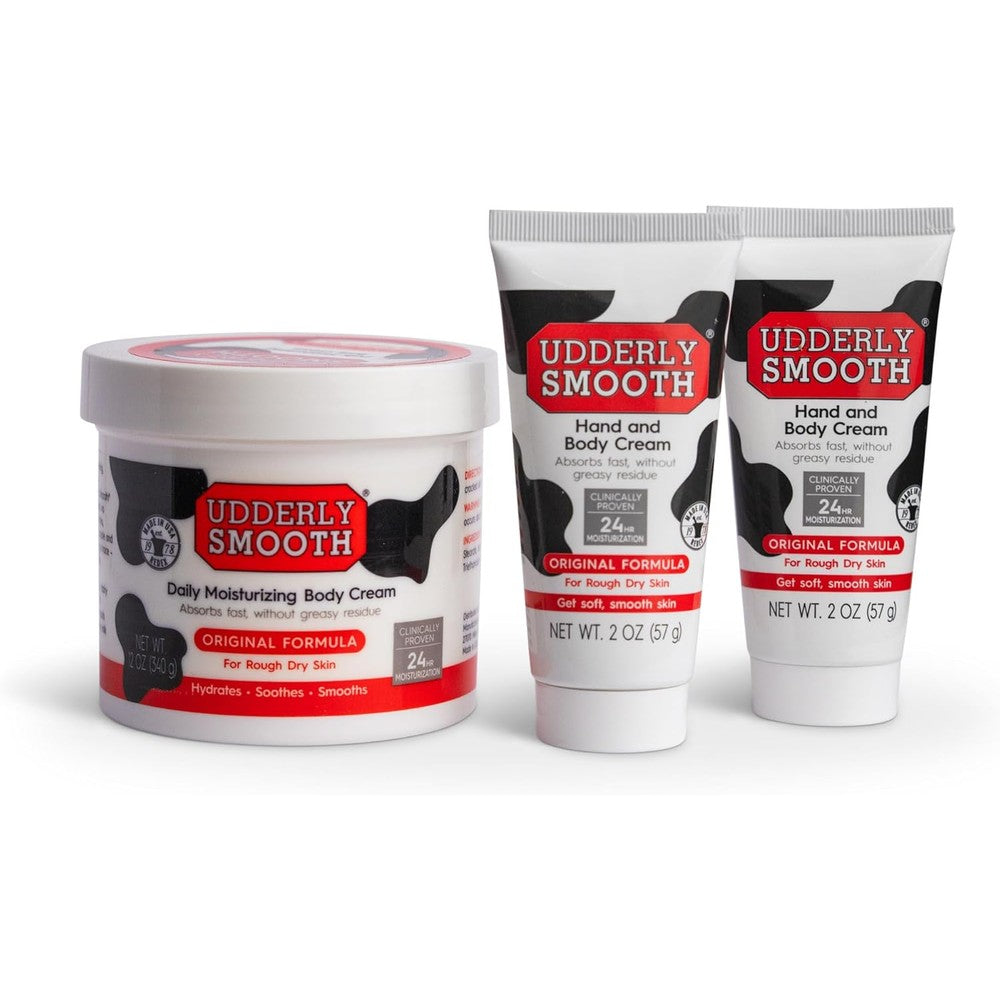 Udderly Smooth NonGreasy Hand and Body Moisturizer Cream Bundle kit showing front view of three pieces including tubes and jar