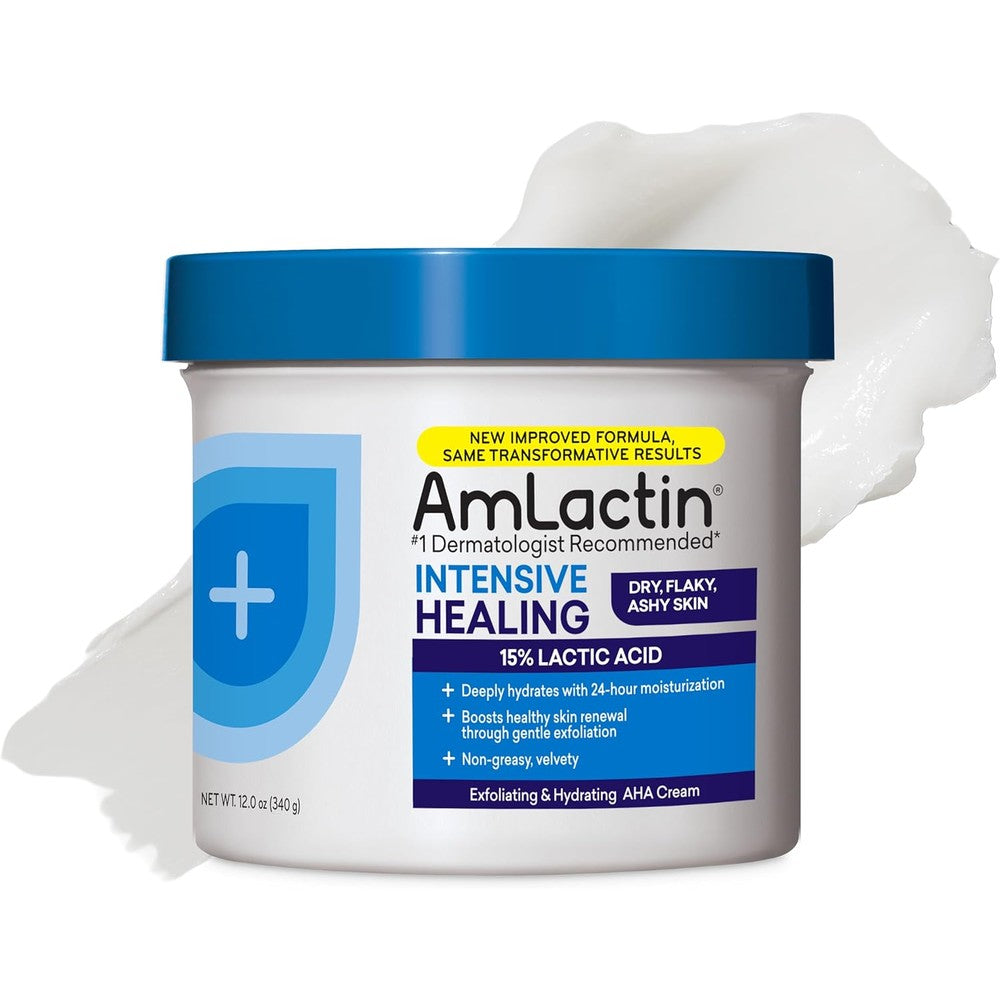 AmLactin Intensive Healing Therapeutic Body Cream front view of 12 ounce tub showing brand logo and main ingredients.