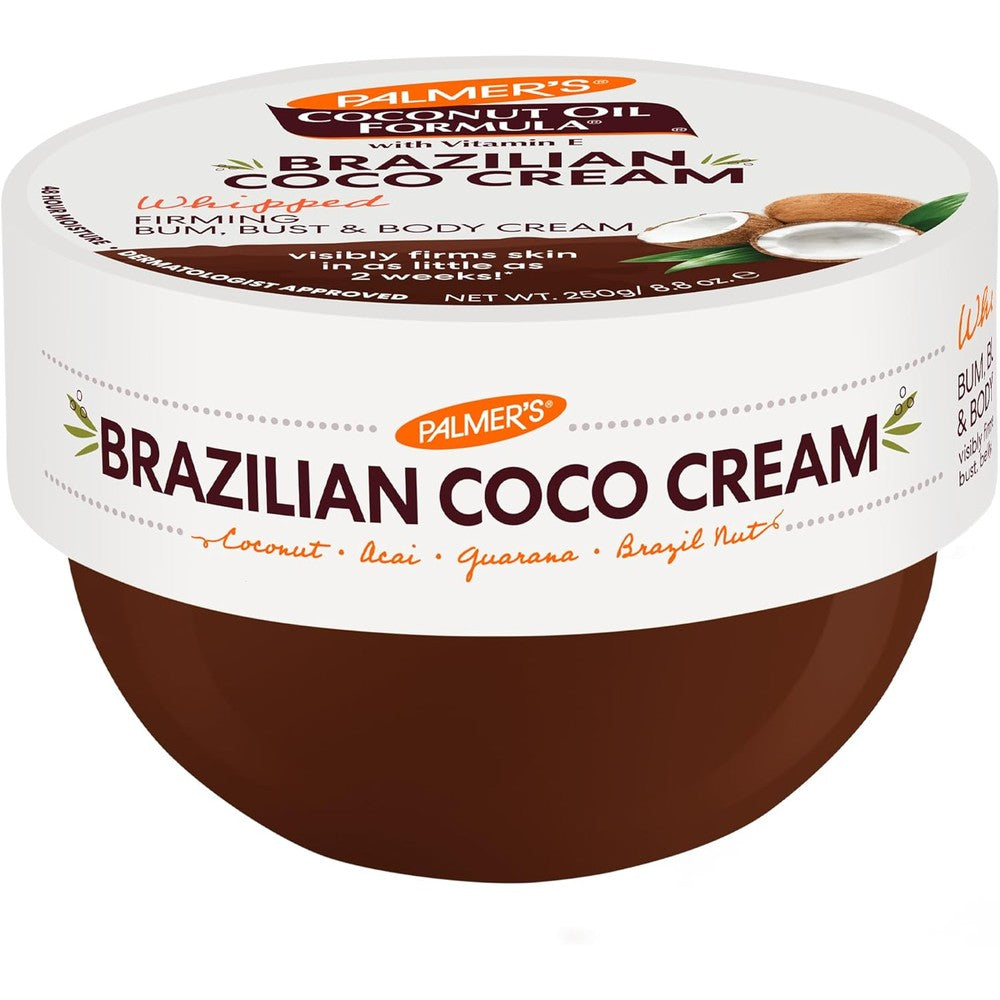 Palmer's Coconut Oil Formula Brazilian Coco Cream front view jar showing whipped firming product details.