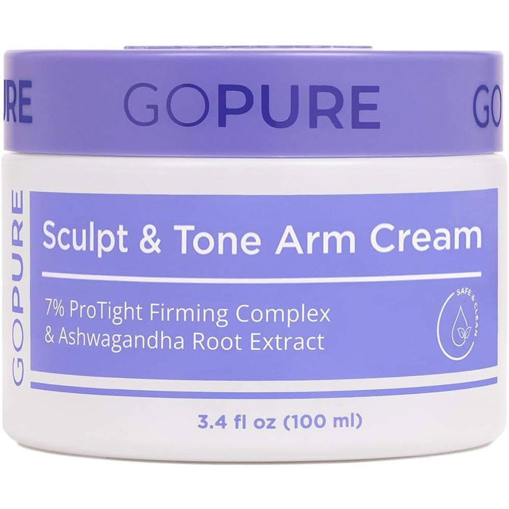 goPure Sculpt and Tone Arm Cream front view of jar showcasing the firming and tightening product label.