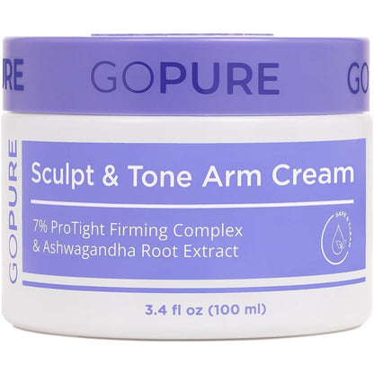 goPure Sculpt and Tone Arm Cream front view of jar showcasing the firming and tightening product label.