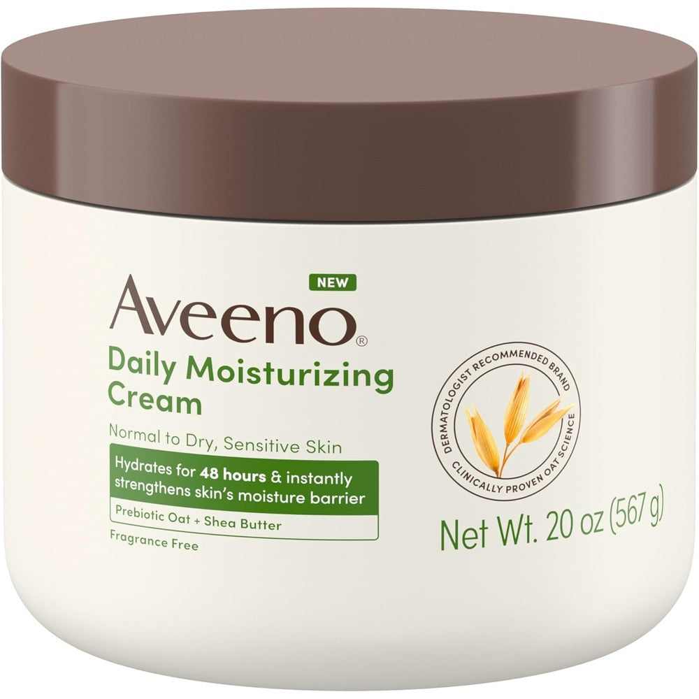 Aveeno Daily Moisturizing Cream 20 Ounce tub front view showcasing prebiotic oat skincare