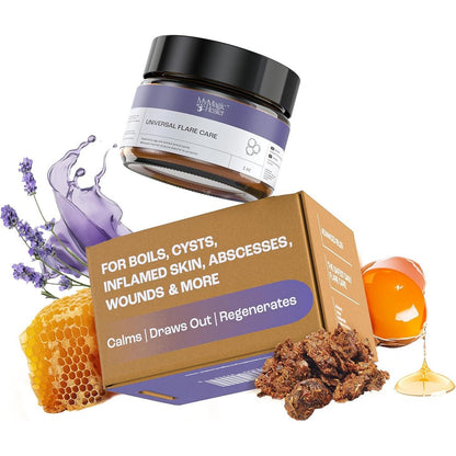 MyMagicHealer Universal Flare Care 1 Ounce jar front view showing packaging for boil and cyst relief.