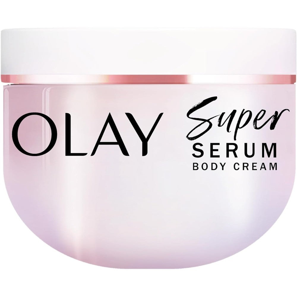 Olay Super Serum Body Cream front view of the ten fluid ounce tube packaging.