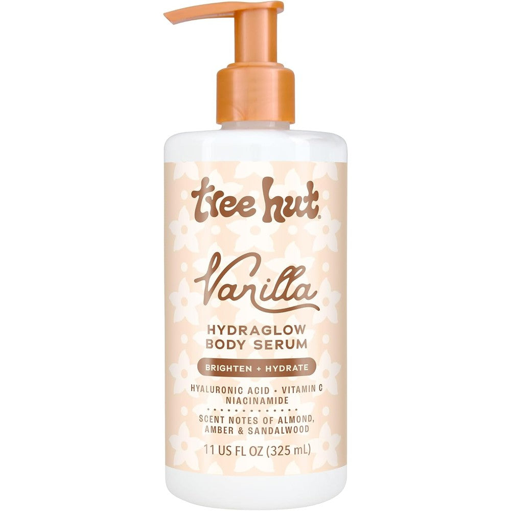 Tree Hut Vanilla Hydraglow Body Serum front view of the eleven ounce bottle showcasing branding and active ingredients.