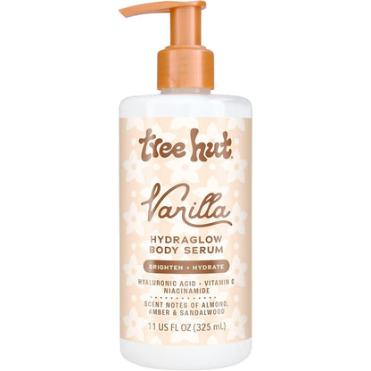 Tree Hut Vanilla Hydraglow Body Serum front view of the eleven ounce bottle showcasing branding and active ingredients.