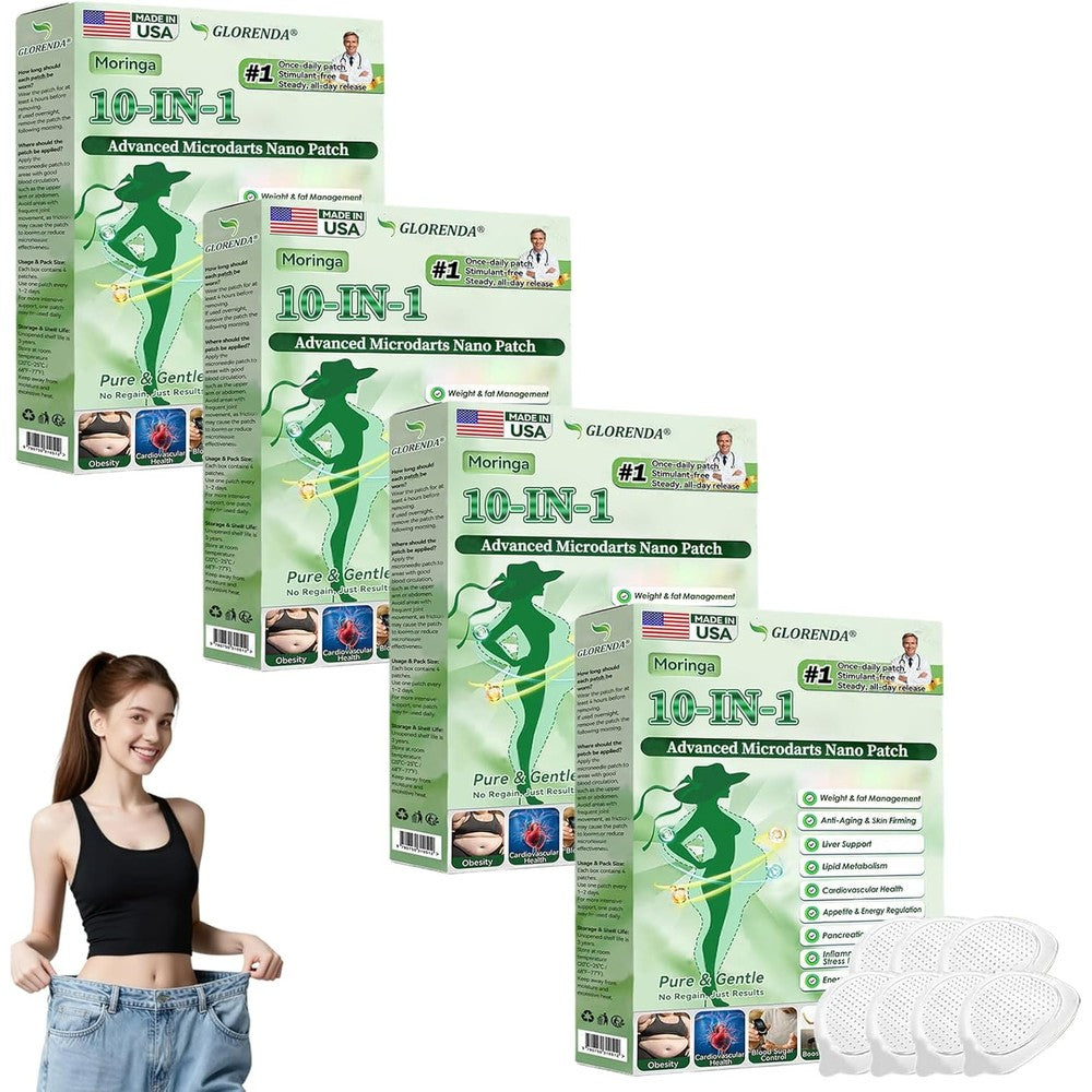 GLORENDA Moringa 10-in-1 Nano Microdarts Patch retail packaging front view showcasing weight management benefits.