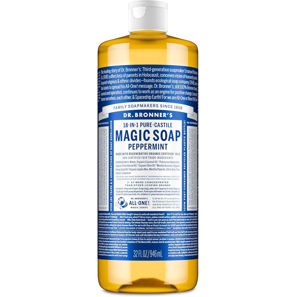 Dr. Bronner's 32oz peppermint pure-castile magic liquid soap bottle for face and body