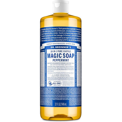 Dr. Bronner's 32oz peppermint pure-castile magic liquid soap bottle for face and body