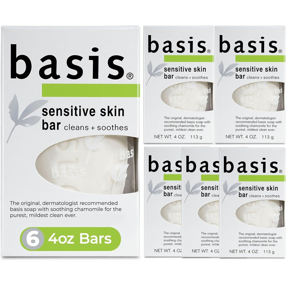 Basis Sensitive Skin Bar Soap pack of six for gentle body wash and hand cleansing