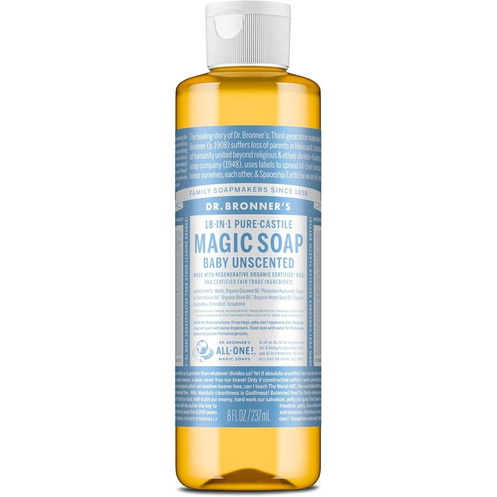 Dr. Bronner's Pure-Castile Magic Liquid Soap Baby Unscented 8 Ounce front view package showcase.